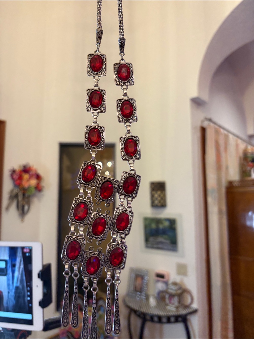 Silvertone necklace with red stones